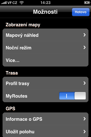 MyRoutes se zapíná v panelu Možnosti